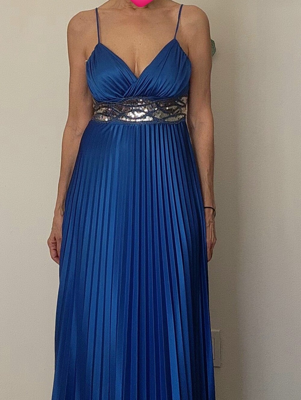 STEPPIN' OUT Blue Pleated Maxi Dress with Sequin Waist